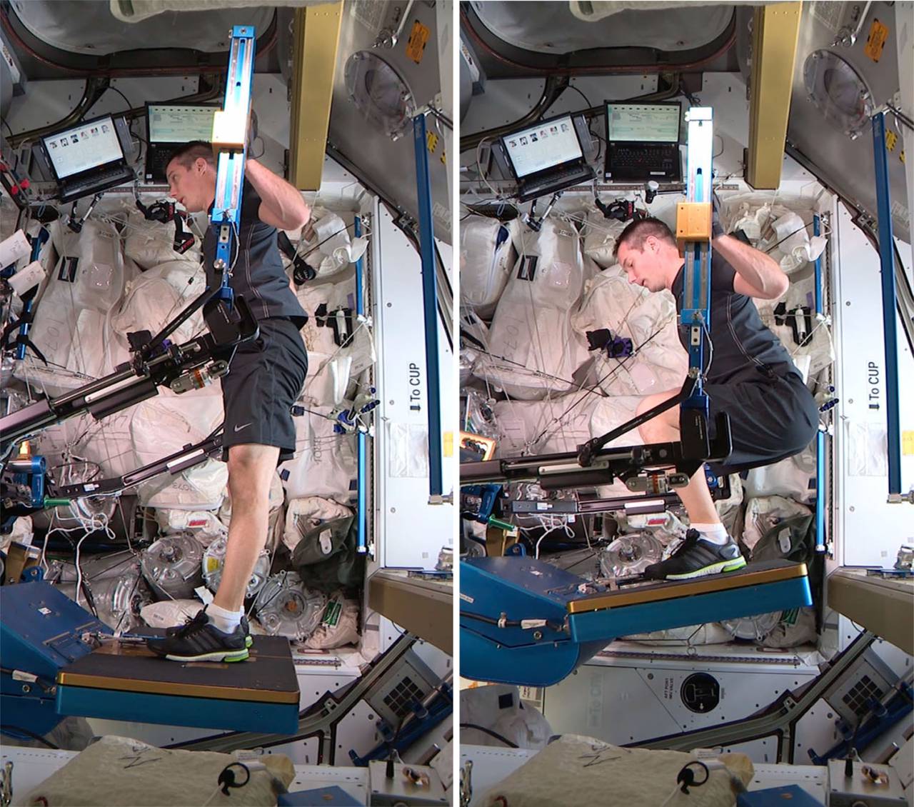 Thomas Pesquet faisant du sport dans l'ISS